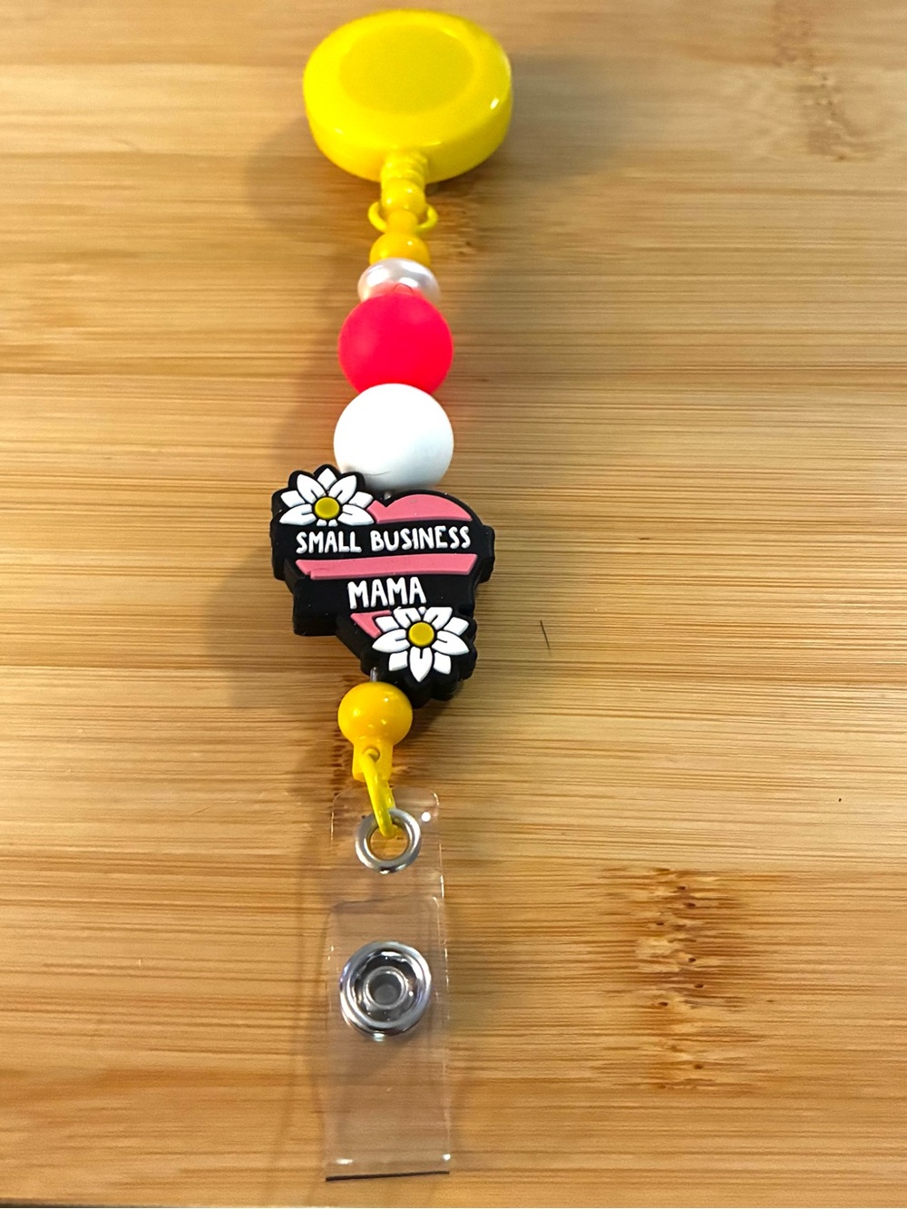 Small Business Mama Yellow & Pink Beaded Badge Reel